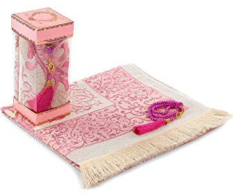 Muslimische Gebetspuppteppich und Gebetsperlen mit eleganter Geschenkbox | Janamaz | Sajadah | Weicher islamischer Gebetsteppich | Islamische Geschenke Set | Gebets Teppichmatte, Taft Stoff, rosa