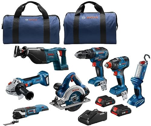 Bosch GXL18V-701B25 - Kit combinado de 7 herramientas de 18 V con destornillador de impacto 2 en 1, taladro percutor/destornillador, sierra de receta, sierra circular, herramienta oscilante, amoladora