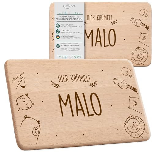 KIDSMOOD - Holzbrettchen mit süßem Tier Motiv | Personalisiertes Frühstücksbrettchen für Kinder und Erwachsene | Perfekt als personalisierte Geschenke zur Taufe, Geburt für Kinder [22x14 cm]
