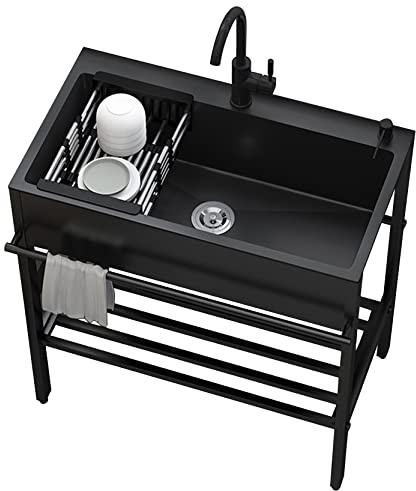 Lavello Cucina Nero con 1 vasca,68x45x86cm Lavandino in Acciaio Inox con Scolapiatti,Lavabo di Utilità con Rubinetto,Lavelli Commerciale Autoportante,Lavatoio da Giardino Campeggio,per Interni Esterni