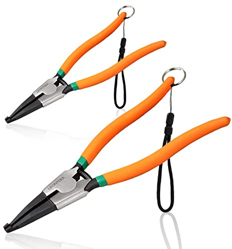 LEONTOOL Robustes Sicherungsringzangen-Set, flacher Sprengring, 20,3 cm & 27,9 cm, spezieller Sicherungsring, Rückwinkelspitze, Haltering, Spreizer für Getriebe-Transfergehäuse, Schwarz, Chrom, 2 St.