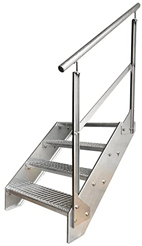 Kaminbau Mierzwa Premium Stahl Treppe Geländer Rechts Verzinkt 4 Stufen (Breite 600 mm) (Höhe 76 cm) Wetterfest Gitterroststufe Gartentreppe