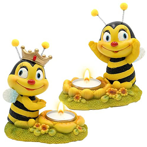 Dekofigur Bienenpaar mit Teelichthalter, 2er Set, Gartendeko, Polyresin, Größe: L/B/H ca. 7 x 11,5 x 12,5 cm