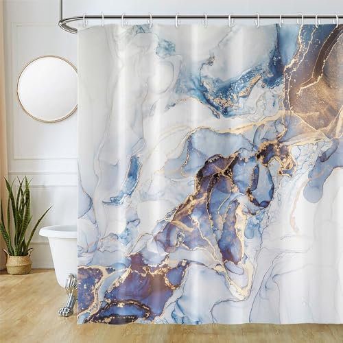 Uiiooazy Rideau Douche Anti Moisissure, Rideau de Douche 180x220cm Bleu Effet Marbre Gris Jaune Moderne Rideaux de Baignoire Tissu Lavable Imperméable Polyester Rideaux Salle de Bain avec 12 Crochets