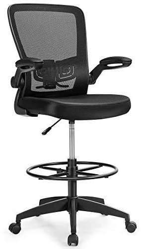 COSTWAY Mesh Drafting Chair, Height Adjustable Swivel Office Chair with Flip-up Armrests, Footrest and Lumbar Support, Ergonomic Rolling Executive Task Computer Desk Chair for Home Office, Black