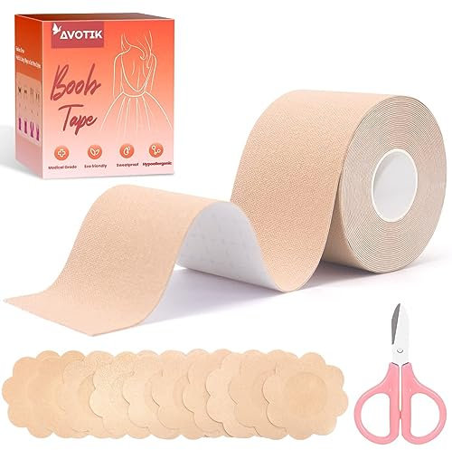 Avotik Boob Tape, Brust Tape für Größere Brüste mit 10-teiligem Rückenfreiem Nippelabdeckungsset mit Blütenblättern, Atmungsaktives Brustband, Sportband für A-E-Körbchen Große Brust