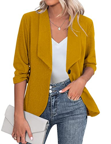 Zeagoo Blazer da Donna, Elegante, a 3/4, a Maniche Lunghe, Slim Fit, con Risvolto, Blazer Casual, da Lavoro, Taglia S-3XL, Curry Giallo, L