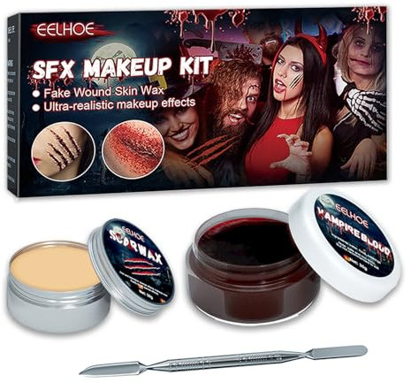 Halloween Schminke Set für erwachsene kinder, Halloween Make Up Set Profi mit erkrustetes Kunstblut, Wound Modeling Wax und Spatel, Special Effects Halloween Makeup für Halloween Cosplay Zombie Vampir