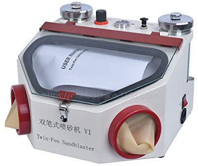 LMEIL Sandstrahler Twin Dental Lab Sandstrahler mit 2 Stiften + 2 Tanks, LED-Licht und großem Sichtfenster. Sandstrahlgerät mit Fußpedalsteuerung