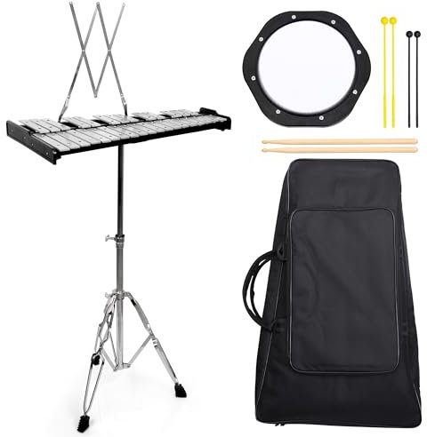 LOMUTY Glockenspiel 32 Tönen Xylophon Handpercussion Holzrahmen Aluminium Xylophone Percussion Kit Glockenspiel Set mit Höhenverstellbarem Ständer, Gedämpftes Übungspad, 3 Paar Schlägel, Tragetasche