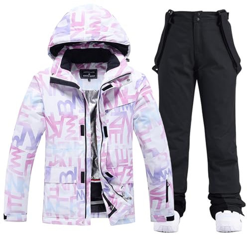 ALSOGO Damen Skijacke & Skihose Set Skianzug 2 teilig Schneeanzug Wasserdicht Schneejacke Winddichte Schneehose mit Abnehmbare Kapuzen Trägern zum Skifahren Snowboarden TY304 Schwarz L