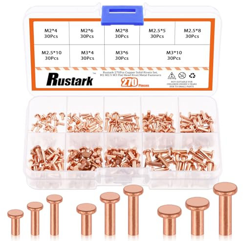 Rustark 270 rivetti M2 M2.5 M3 in rame solido rivetti a testa piatta rivetti in rame kit assortimento per applicazioni elettriche, artigianato, riparazione lavori in pelle