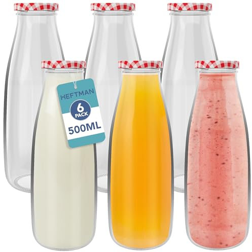 HEFTMAN Glass Milk Bottles with Lids - Empty 500ml Set of 6 Airtight Milk Bottle with Red Gingham Lids for Beverages, Liquids & Décor - Retro Glass Juice Bottles for Weddings, BBQ's & Picnics