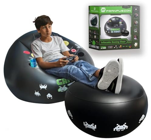 FranFusion Inflatable Gaming Chair for Kids & Teens with Cup Holders and Side Pocket - This Air Bean Bag Game Chair is The Perfect Furniture for Gamer Room Décor (Green Gaming Time with Ottoman)