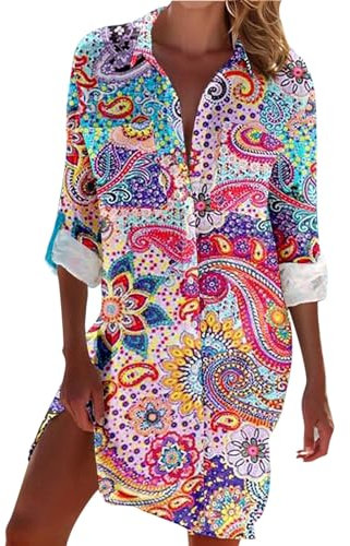 AMDOLE Damen Blusen & Shirts Shirt mit Taschen Oversized T Shirts für Frauen, hot pink, S