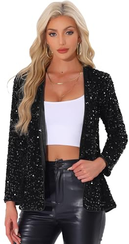 Allegra K Sequin Jacket for Women Long Sleeve Open Front Glitter Blazer Party Casual Cardigan Medium Black