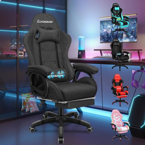 ELFORDSON Gaming Chair with 2-Point Massage Lumbar Support, Computer Chairs for Home Office, Head Pillow High Back 151° Recliner, for Kids Adults, Fabric Linen, Dark Grey