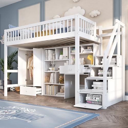 KecDuey Cama infantil de 90 x 200 cm, cama alta, cama individual, cama infantil multifuncional, con escritorio, escalera, taquillas, armario, sin colchón, madera maciza, color blanco