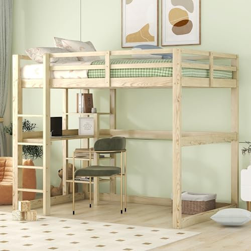 Hochbett 140 x 200 cm mit Ablagefächern und Schreibtisch, Holzbett Kinderbett mit Leiter und Rausfallschutz, Bettgestell aus Kiefernholz, für Jungen und Mädchen, Ohne Matratze, Natur