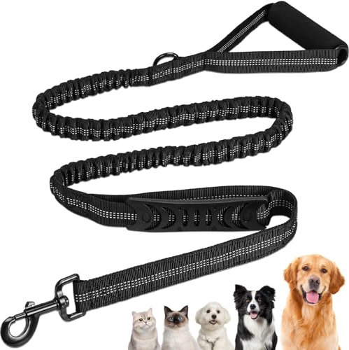 Euqvunn Laisse élastique Chien de 1,4 à 2 m | Laisse Anti Traction | Double poignée rembourrée | Corde Chien Amortisseur | Réfléchissant pour Dressage et Promenade Nocturnes | Noir