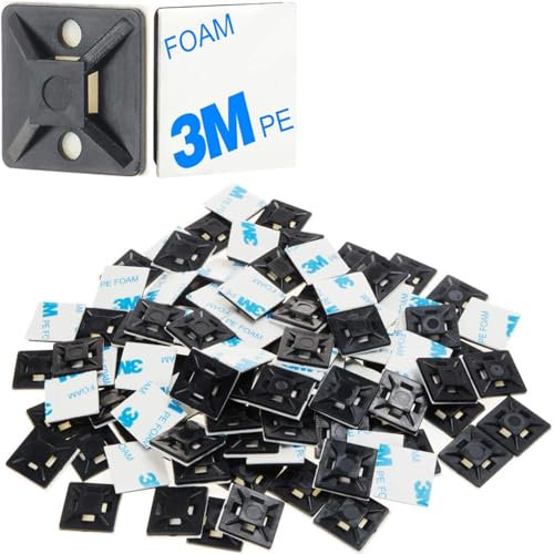 YuanYouTong 100 Pcs 3/4 Cable Ties Adhesive Mounts, Strong Self Adhesive Base Pads for Cable Ties, 3M Black Sticky Cable Clips, Zip Tie Wire Holder for Home Office Workshop Cable Management Tidy