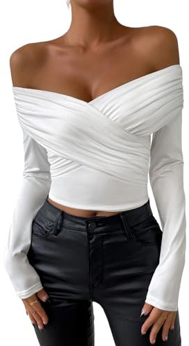 Belriviere Womens Sexy Off The Shoulder V-Neck Tops Y2K T-Shirt Slim Fit Long Sleeve Spring Autumn Blouse Going Out Tee L White
