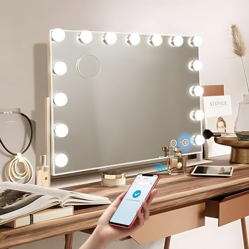 Hansong Bluetooth Hollywood Spiegel mit 15 LED Lampen Schminkspiegel mit Beleuchtung und Bluetooth 360° Drehbar Kosmetikspiegel mit Beleuchtung USB für Schlafzimmer