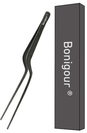 Bonigour Pinzas de precisión de 8 pulgadas, pinzas de acero inoxidable culinarias de cocina, pinzas curvadas de precisión multifunción para cocinar, para chapado, decoración de alimentos, etc. (negro)