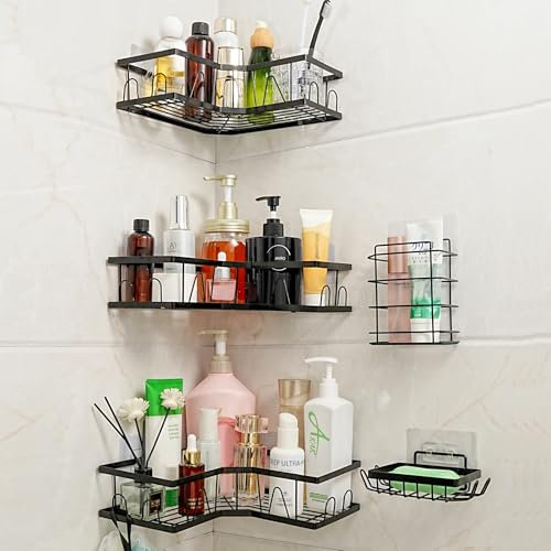 KOOSREEL 5 Pièces Étagère de Douche sans Percage, Rangement Douche pour Salle, Support de gel Shampoing, Etagere Douche avec Crochets, Étagère de Rangement Douche Auto-adhésif, Noir