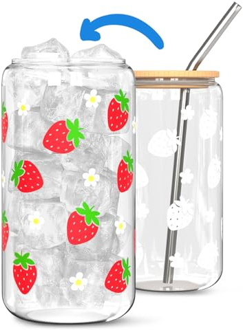 Magisches Farbwechsel Trinkglas 470ml mit Bambusdeckel & Strohhalm – Iced Coffee Glas für Eiskaffee & Smoothies – Besonderes Geburtstagsgeschenk für Frauen & Freundin – Kaltreaktiv