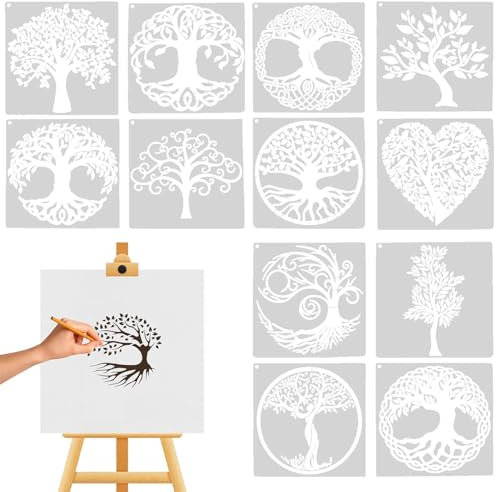 dinghaole 12 Stück Baum des Lebens Schablone, Lebensbaum Schablonen, Wiederverwendbare DIY Malerei Vorlage Stencil Kit, Geeignet für Wanddekorationen, Möbel, Holzschilder und Kleidung
