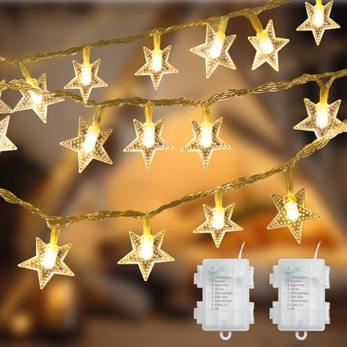 Coomoors 2PCS Guirlandes étoiles, 6.4M 40 Led Chambre Lumières LED étoile chaîne, 8 Modes d'éclairage étanche Guirlande Lumineuse de Étoile, Guirlandes Lumineuses d'intérieur Décoratifs,Blanc chaud