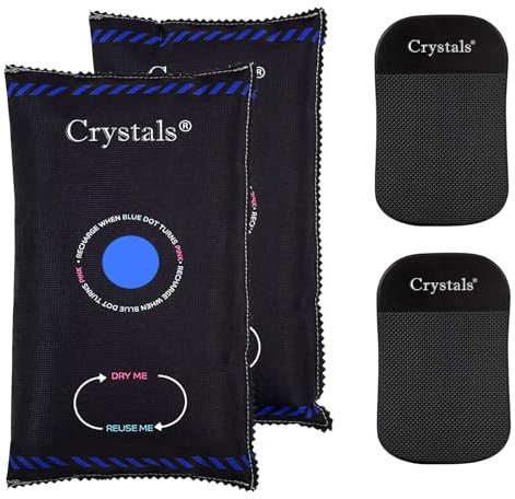 Crystals Car Dehumidifier Bag Reusable - Moisture Absorber Pack of 2 x 1 KG - Car Interior Dehumidifier with Anti Slip Pad - Ideal for Preventing Damp, Moisture, Condensation in Vehicles