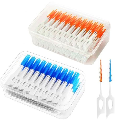 Ninnyi 400 PCS Interdental Brushes, Silicone Tooth Picks Floss Sticks for Oral Tooth Clean, Orange and Blue