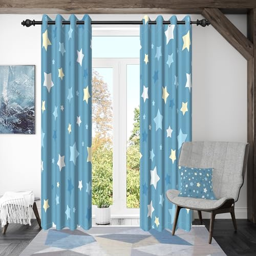 ggaimwf 107x215cm Ösenvorhang mit Cartoon-Himmel Blauer Himmel Bunte Sterne Babyzimmer Verdunkelungsvorhänge Isolierte Thermovorhänge Ösenvorhänge für Kinderzimmer Wohnzimmer Esszimmer,2 paneels