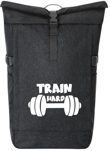 Huuraa Kurierrucksack Train hard Hantel 30-44 Liter Black Melange Fairtrade Rolltop Rucksack Geschenkidee