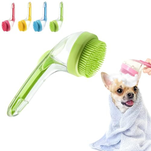 2025 New Pet Bath Brush, 2 in 1 Dog Bath Brush with Built-in Shampoo Dispenser, Dog Paw Washer, for Long Short Haired Dogs Cats Shower (Green,Fine teeth)