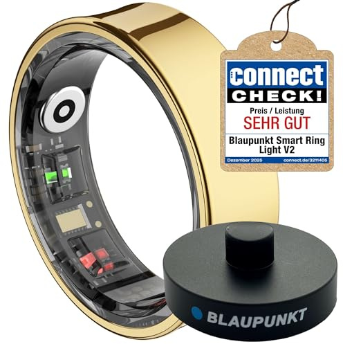 BLAUPUNKT Smart Ring V2 | kein ABO | Keine unsichere Cloud | Edelstahl | Schritte, Schlaf, Puls, Blutsauerstoff SpO2, Kalorien, HRV, Sport-Aktivitäten | IP68 | für Android und iOS | Gold | Größe 7