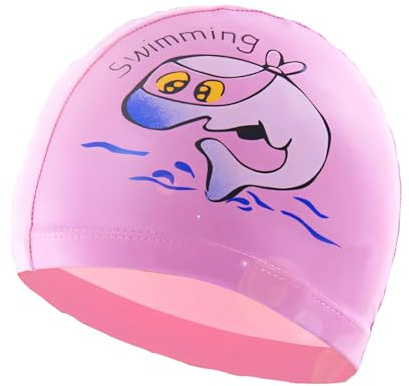 Cyberwork Cuffia Piscina Bambino e Bambina, cuffia nuoto per capelli lunghi, morbida ed elastica in PU, impermeabile anti-cloro, motivo cartone, facile da indossare per piscina e nuoto, Rosa