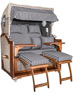 Webavita Strandkorb Bali Mahagoniholz | 2,5-Sitzer | Montiert | Geflecht Grau | Bezug Grau Nadelstreifen | Halblieger | Beach Chair für den Garten Terrasse Balkon
