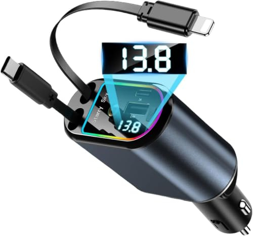 120W Retractable Car Charger Fast Charge, 4 in 1 Car Charger Adapter with Retractable Cables and Voltage Display 12V Car USB Adapter Cigarette Lighter USB Charger Compatible with i Phone, Android, etc