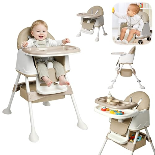XMTECH 4-in-1 Kinderhochstuhl mit 4 Rädern höhenverstellbar Tablett Beige