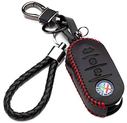 KASER Hülle Autoschlüssel für Alfa Romeo Kunstleder Schutzhülle mit Schlüsselanhänger Schlüssel 3 Tasten für Alfa Romeo Mito Giulietta 159 Schutz Etui für Fernbedienung (Rote Naht)