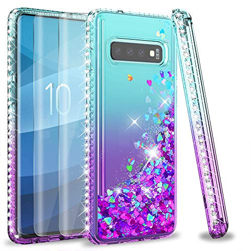 LeYi Hülle für Galaxy S10 Glitzer Handyhülle mit Full Cover 3D PET Schutzfolie(2 Stück),Diamond Rhinestone Bumper Schutzhülle Case für Samsung Galaxy S10 Handy Hüllen Gradient Turquoise Purple
