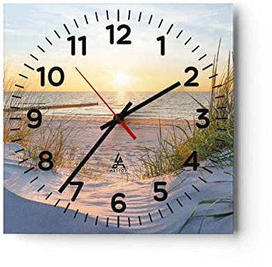 Modern Wanduhr Düne Strand Meer 30x30cm Quadrat Klein Wand Uhr Glas Analog Zimmeruhren Küche Büro Wohnzimmer Glasuhr Wall Clock Dekoration Design Wanddekoration Küchenuhr C4AC30x30-3989