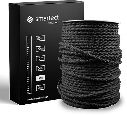 smartect Textilkabel Schwarz, 3 Meter Vintage Lampenkabel Stoff Gedreht, 3-Adrig (3 x 0.75 mm²) Stromkabel Textilummantelt für eigenes DIY Projekt