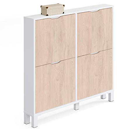 MUEBLES PITARCH | Recibidor Estrecho Zapatero con Patas de Entrada Pasillo, 4 Puertas, Blanco Alto Brillo y Roble Aurora, 8 Pares de Zapatos, 17cm Fondo, 97x98 (Alto x Ancho) Modelo Kay