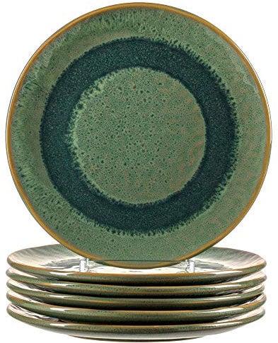 Leonardo 018539 Matera - Juego de 6 platos de cerámica aptos para lavavajillas, platos llanos con esmalte, 6 platos redondos de gres verde, diámetro de 22,5 cm, color verde