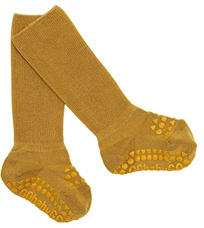 GoBabyGo Original Antirutsch Baby Krabbelsocken | Rutschfeste Krabbelstütze für aktive Kinder | Bambus-Baumwolle | 6-12m (17-19cm) | Mustard