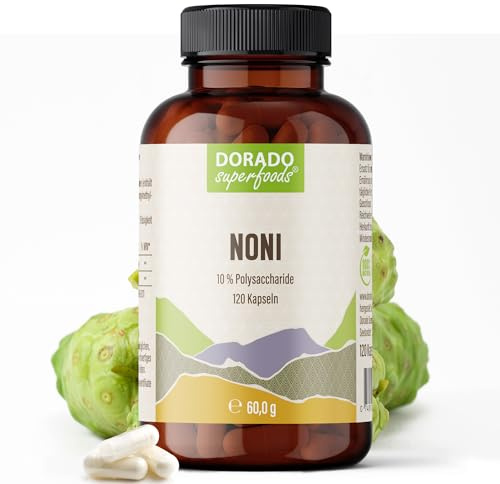 Noni Kapseln Hochdosiert – 500 mg Morinda citrifolia Fruchtpulver pro Kapsel | 1.500 mg Tagesdosis | 120 Vegane HPMC-Kapseln | 40 Tage Vorrat | Frei von Zusatzstoffen | Dorado Superfoods®
